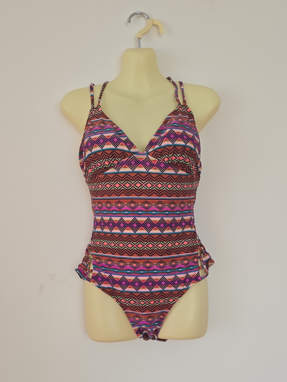 Xhilaration Pink Multicolor Aztec One-Piece Strappy Colorful Swimsuit Size L